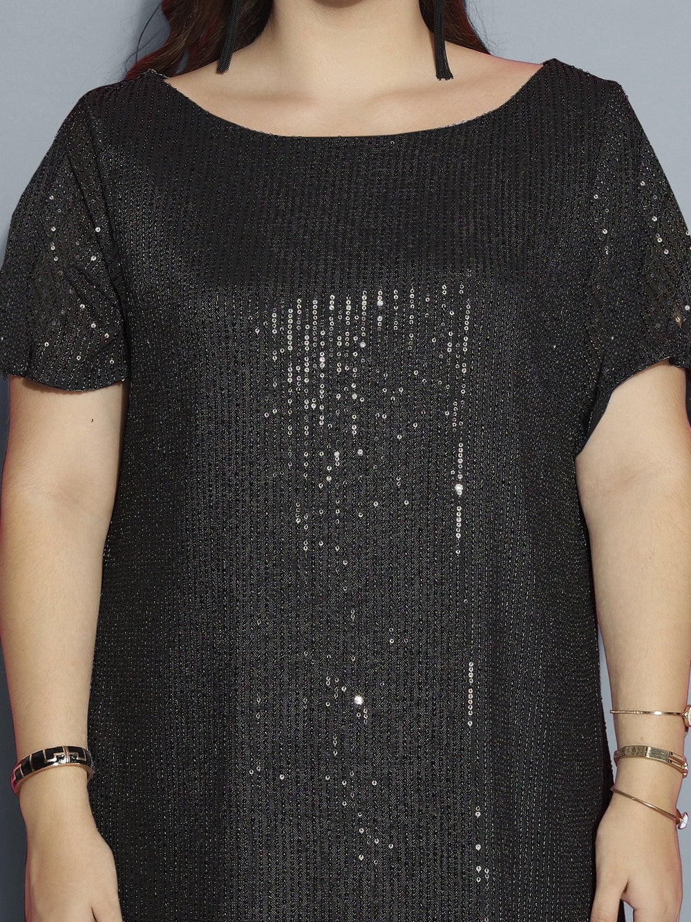 Curvy Lane Women Plus Size Boat Neck Sequins Dress with Slit Sleeves Close up look
