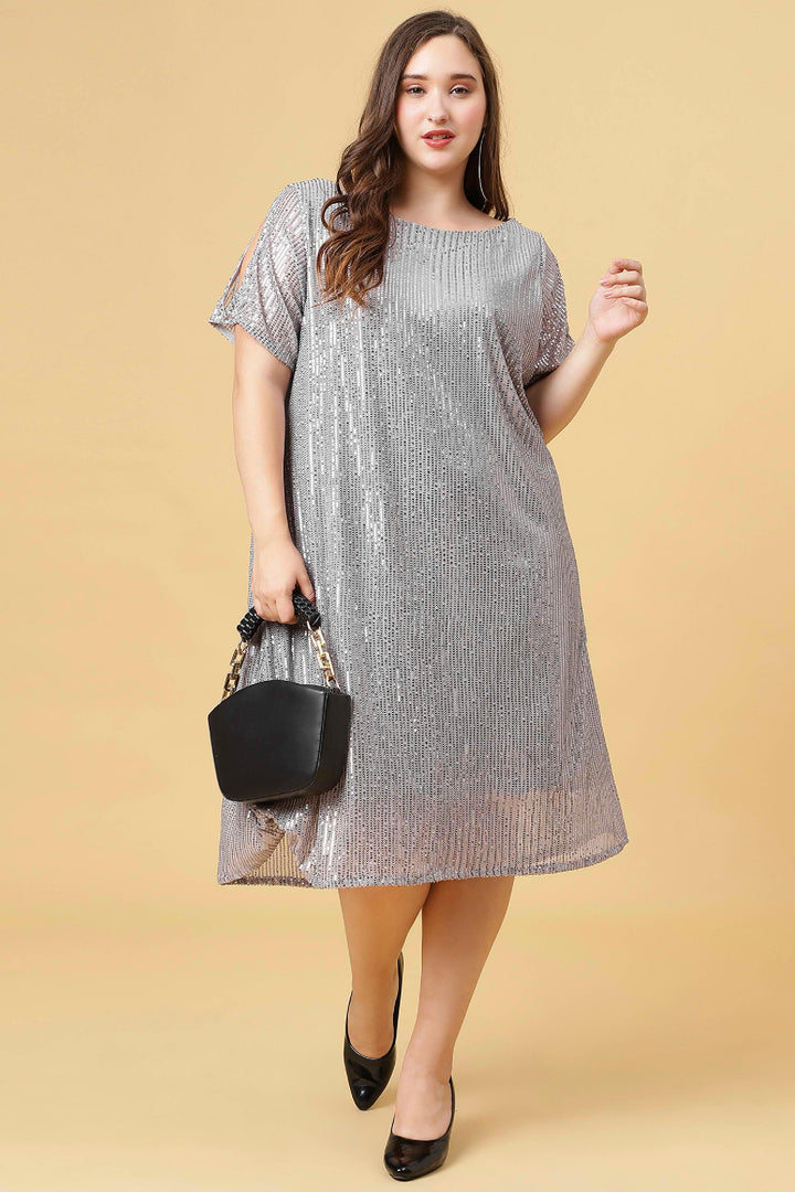 Curvy Lane Women Plus Size Boat Neck Sequins Dress with Slit Sleeves Design