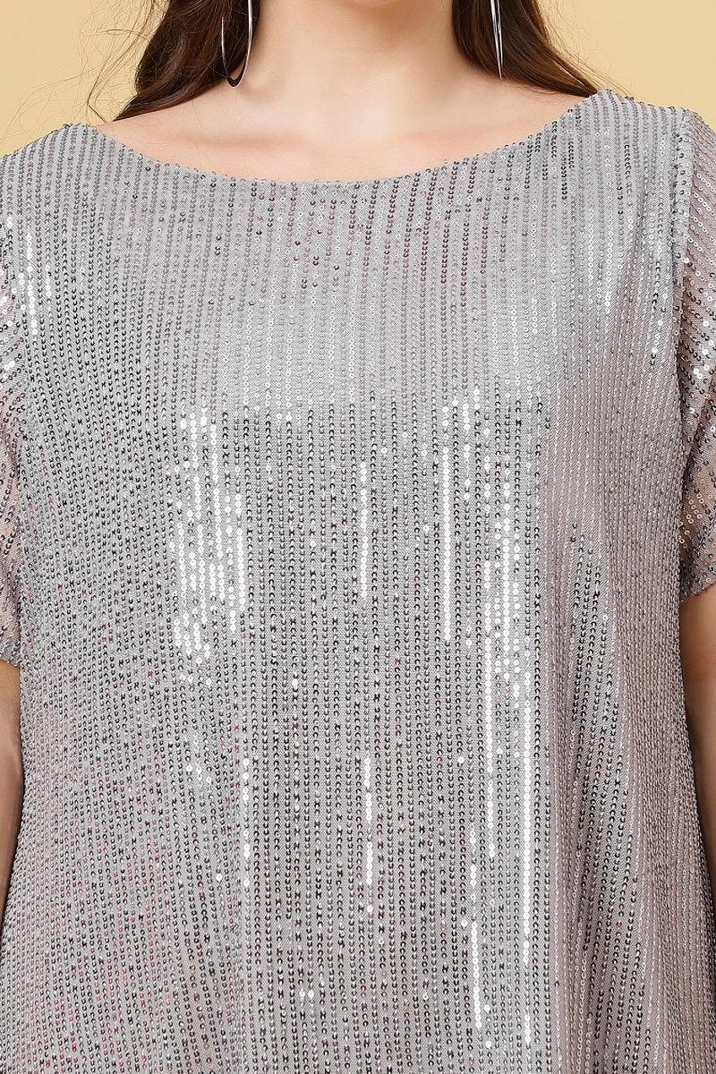Curvy Lane Women Plus Size Boat Neck Sequins Dress with Slit Sleeves  Grey Color 