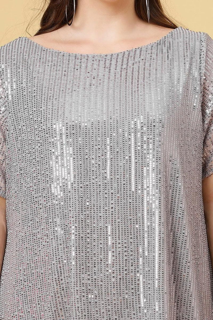 Curvy Lane Women Plus Size Boat Neck Sequins Dress with Slit Sleeves  Grey Color 
