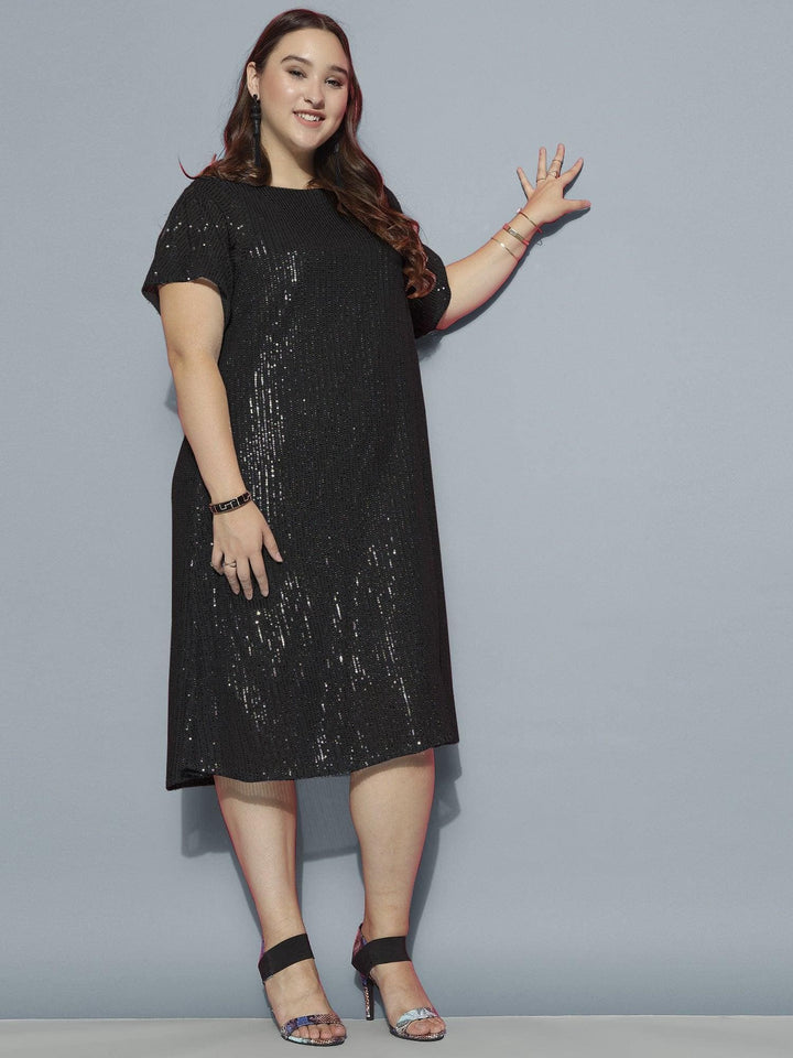 Curvy Lane Women Plus Size Boat Neck Shine Sequins Dress with Slit Sleeves 