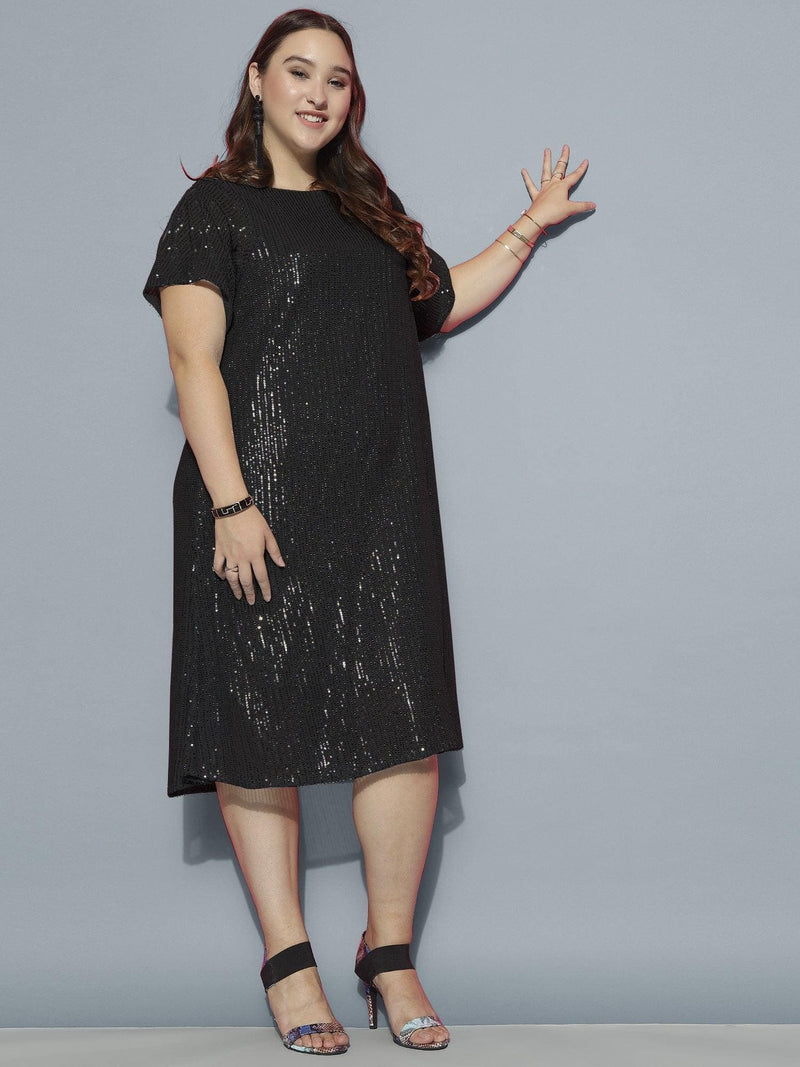 Curvy Lane Women Plus Size Boat Neck Shine Sequins Dress with Slit Sleeves 