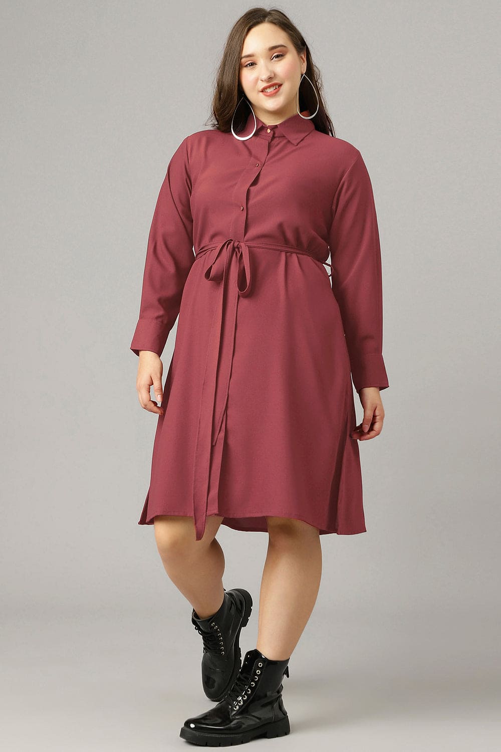 Curvy Lane Women Plus Size Shirt Collar Dress With Fabric Belt