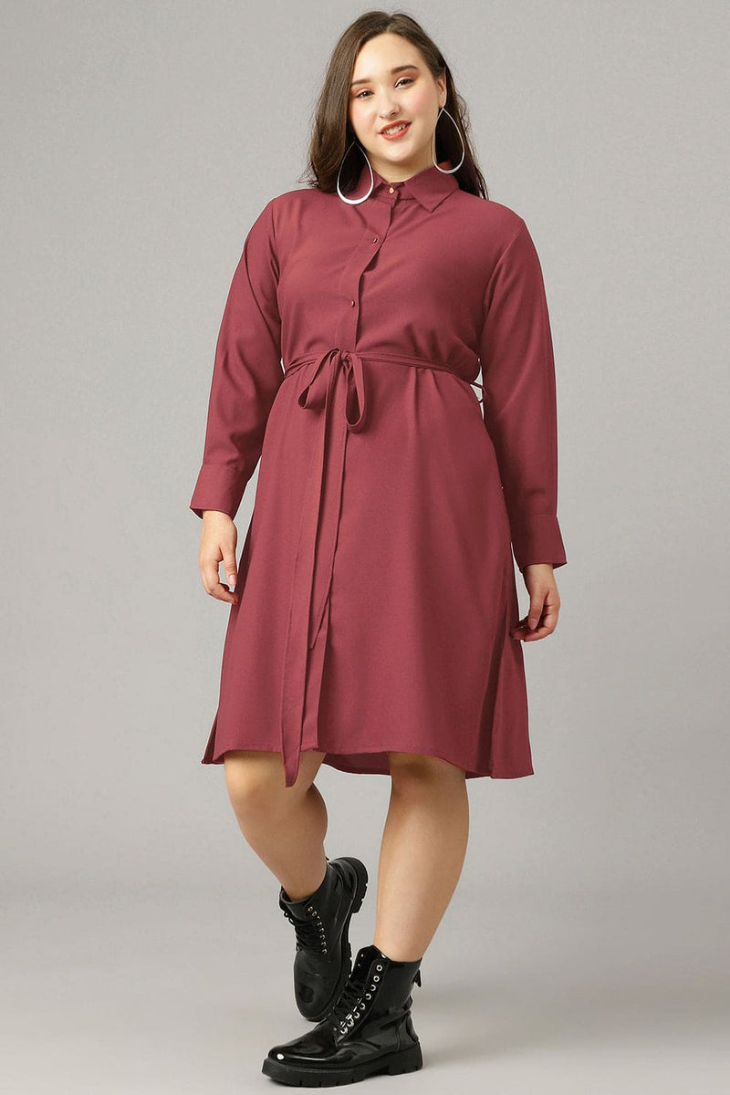 Curvy Lane Women Plus Size Shirt Collar Dress With Fabric Belt