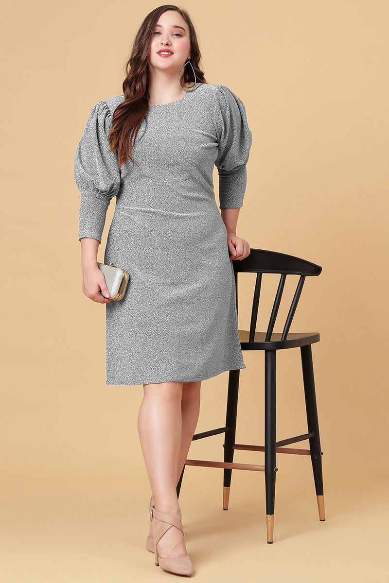 Grey Shimmered Puff Sleeves Sheath Party Dress
