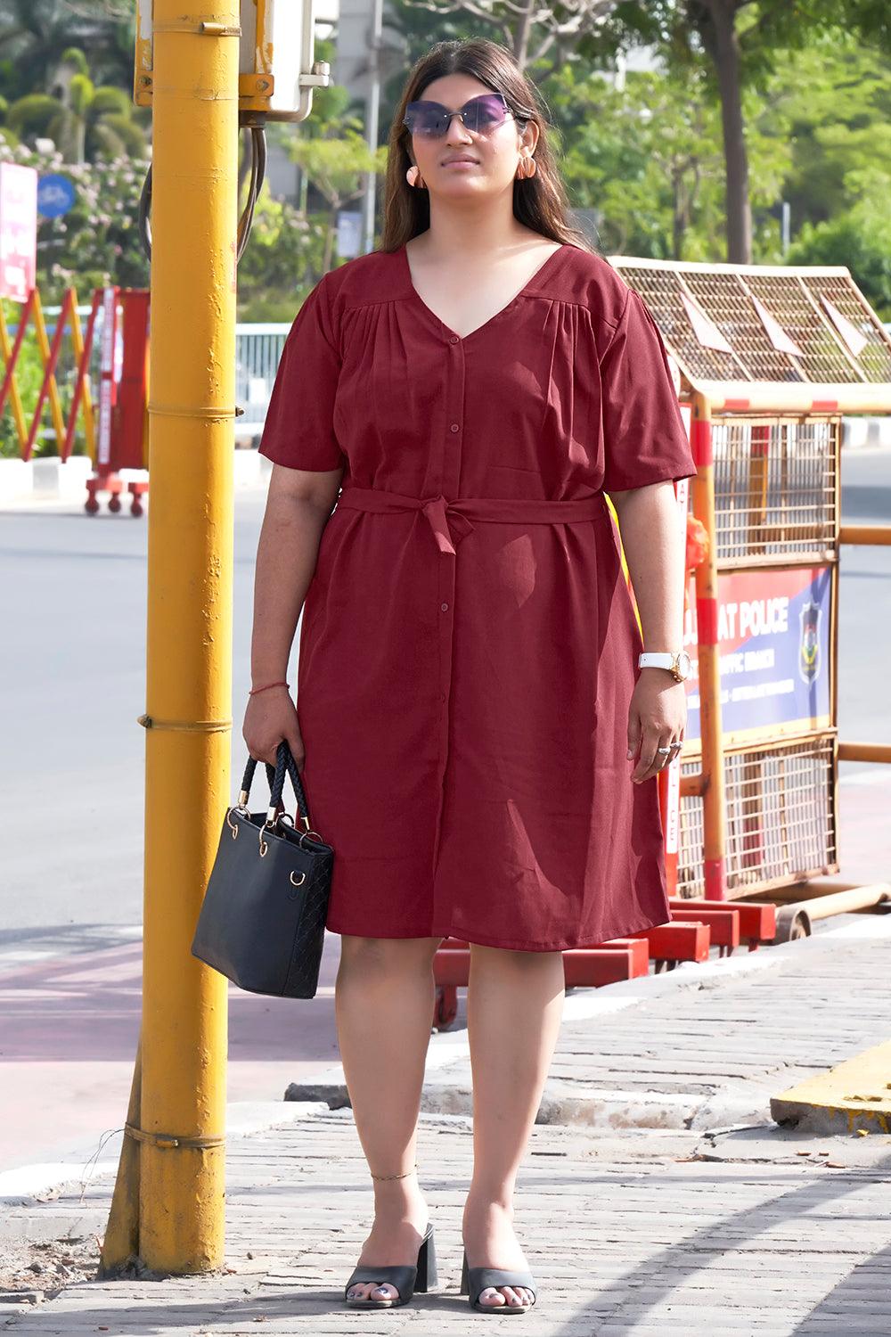 Puff Sleeve Casual Maroon Dress - Curvy Lane