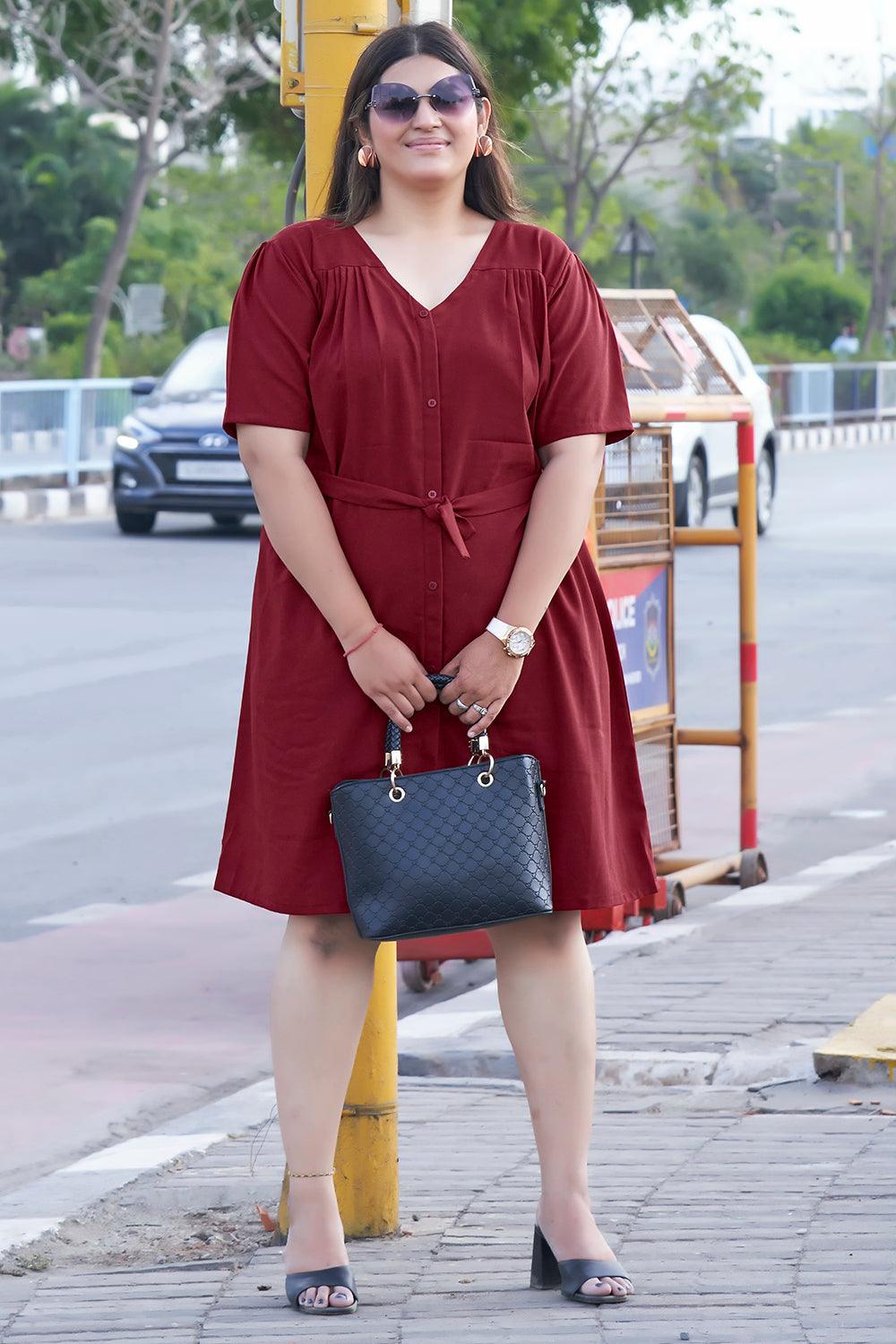 Puff Sleeve Casual Maroon Dress - Curvy Lane