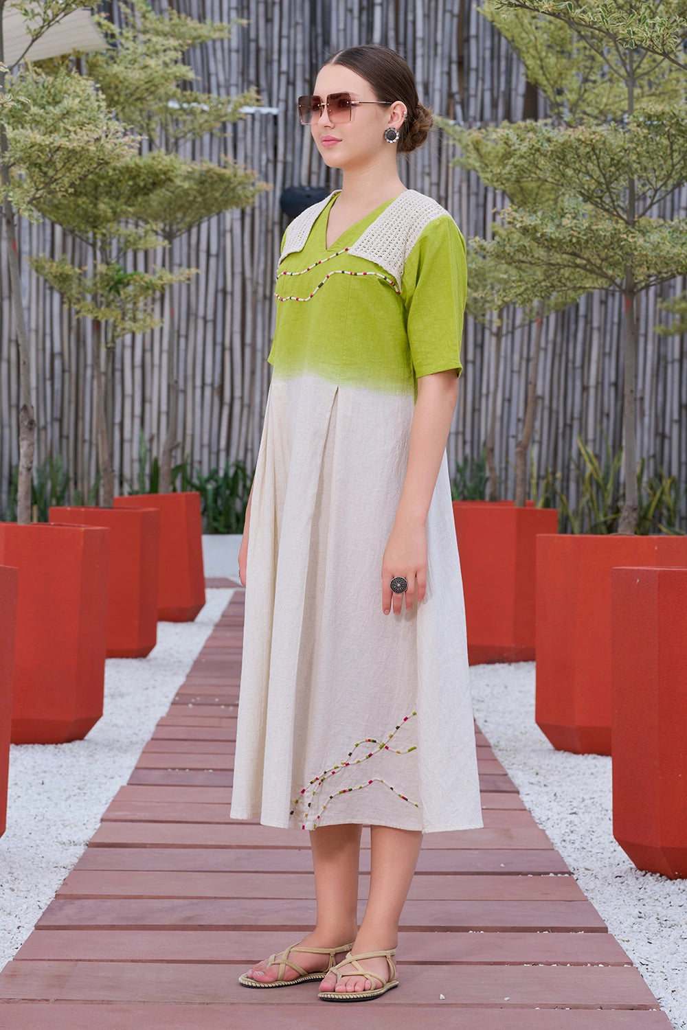 Green & Ivory ombre western dress one piece