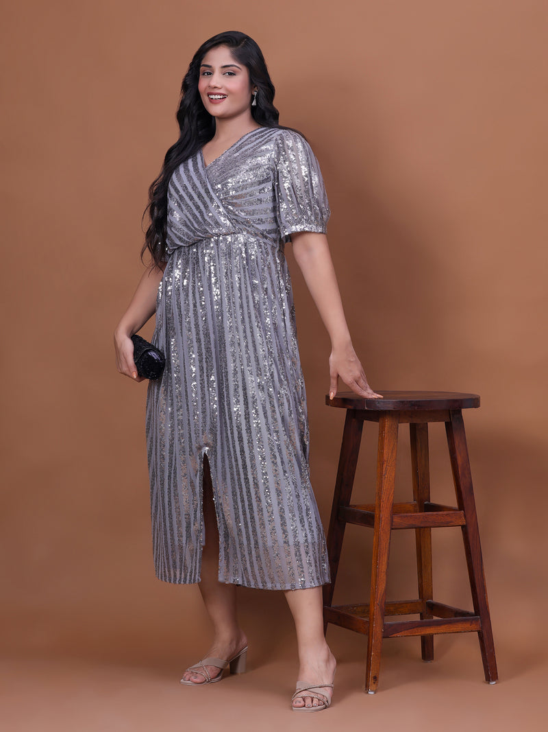 Elegant Grey Sequins Dress with Puffed Sleeves