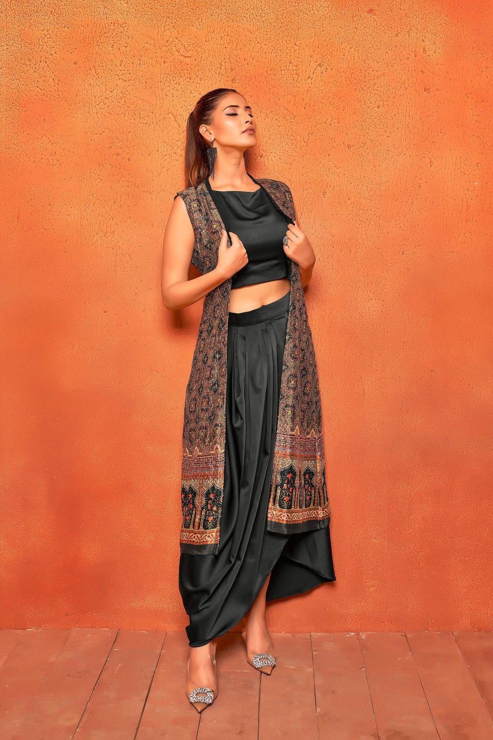 Rich Black Ethnic Print Dhoti Skirt Long Straight Shrug Co-ord Set - Curvy Lane