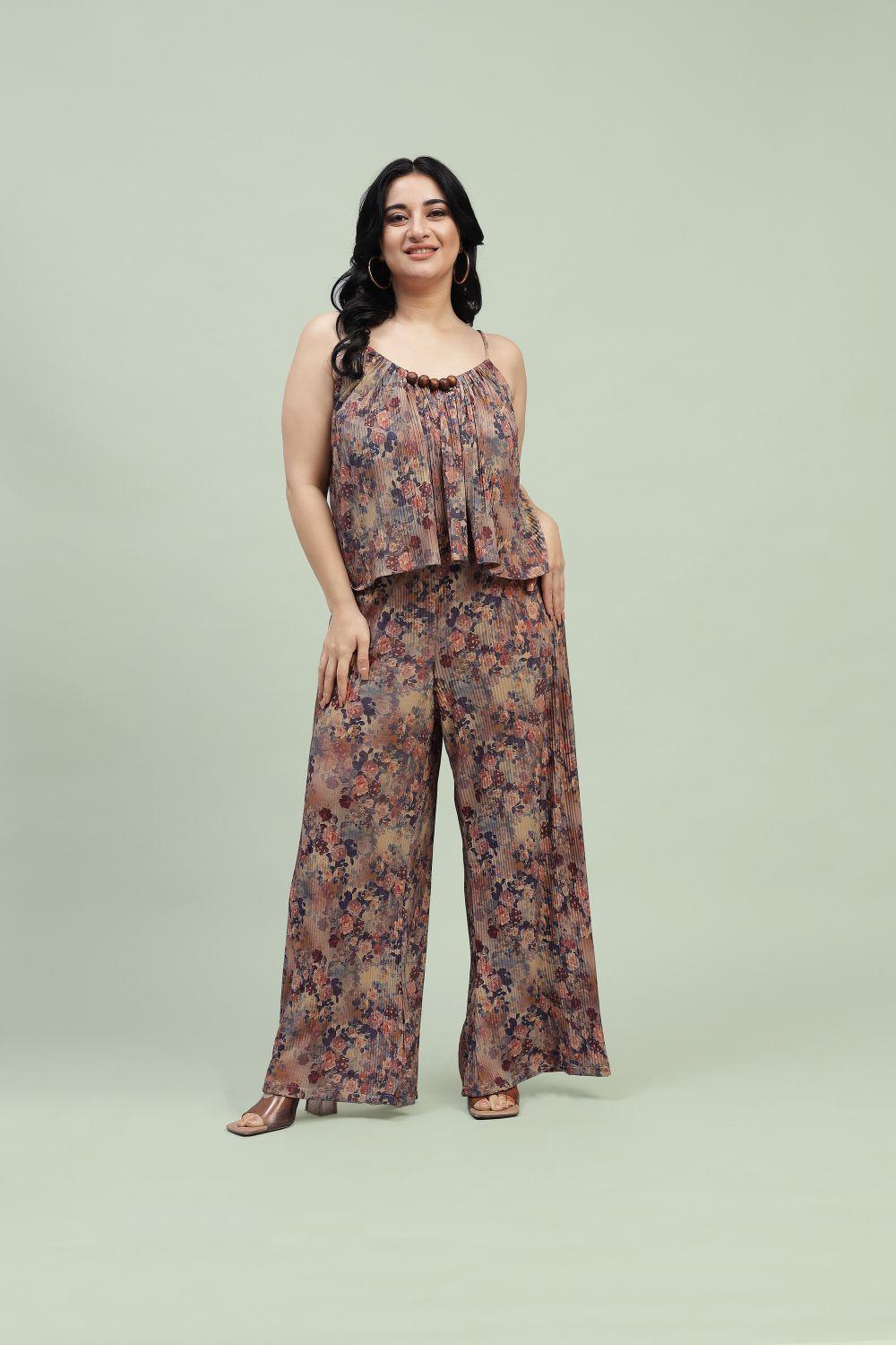 Curvy Lane Women Plus Size Floral Noodle Straps Top and Palazzo Set - Curvy Lane