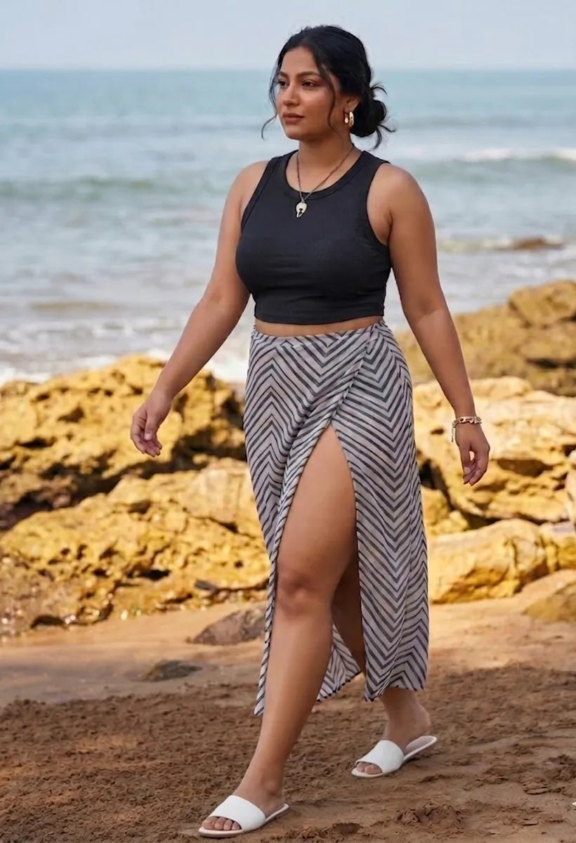 Curvylane's Elegant White And Black Sarong With Stripe Print