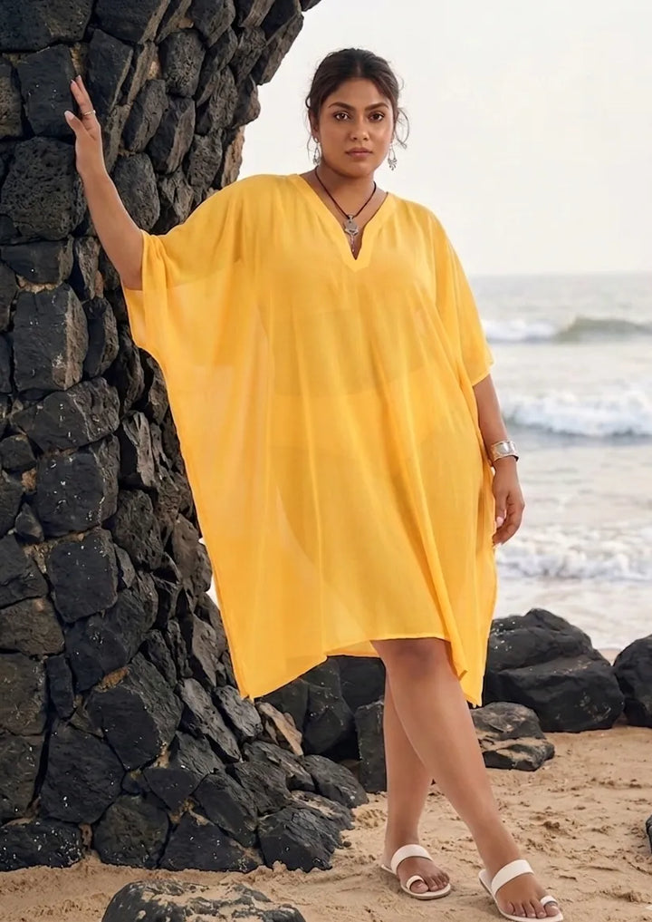 Beach Wear V Neck Yellow Kaftan Cover Up Dress