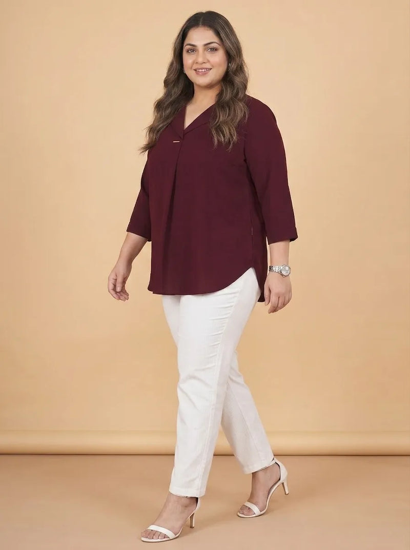 Curvy Lane Women Plus Size Notch Collar High Low Top