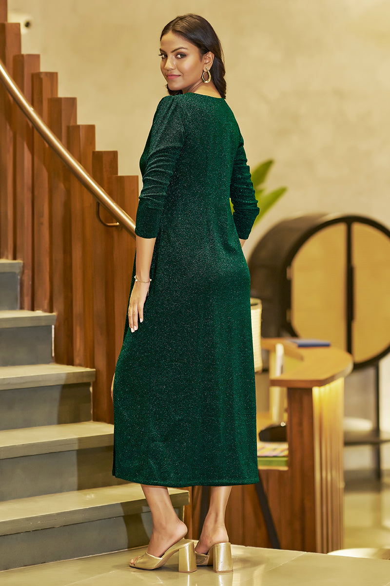 Green Metallic Straight Party Wear Dress For Women