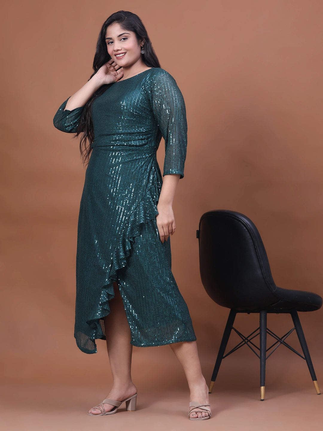 Green Stylish Tulip Hemline Sequin Dress For Family Parties