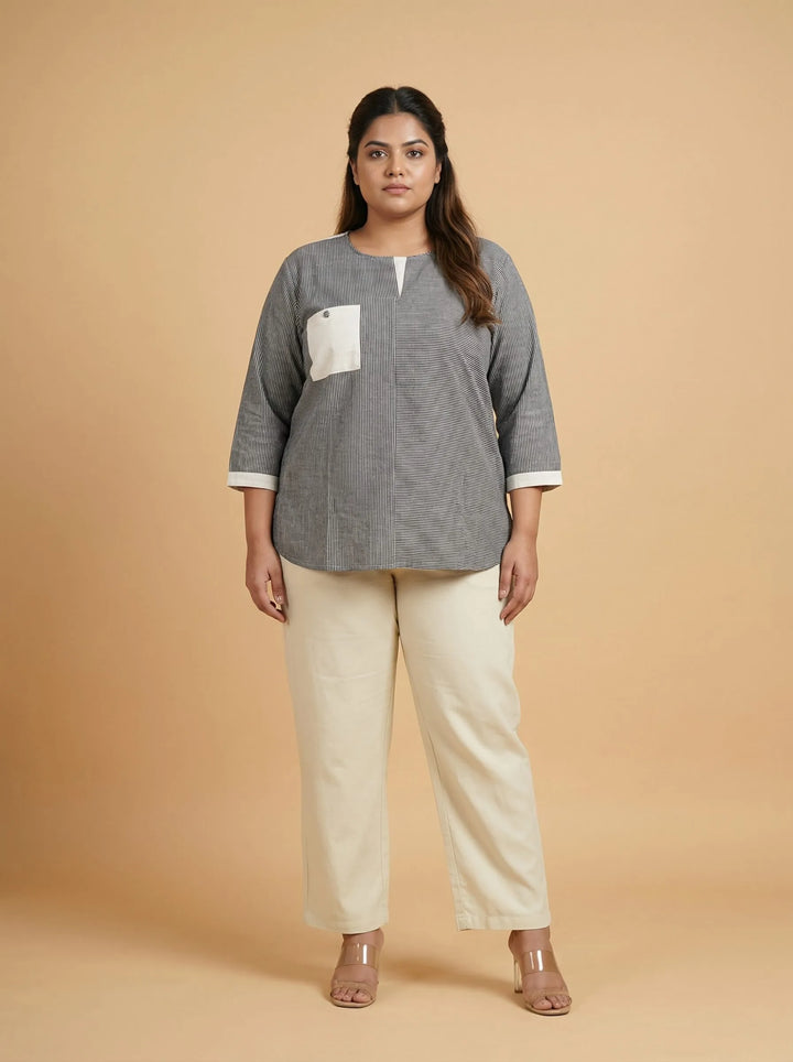Grey Striped Cotton Casual Top For Women