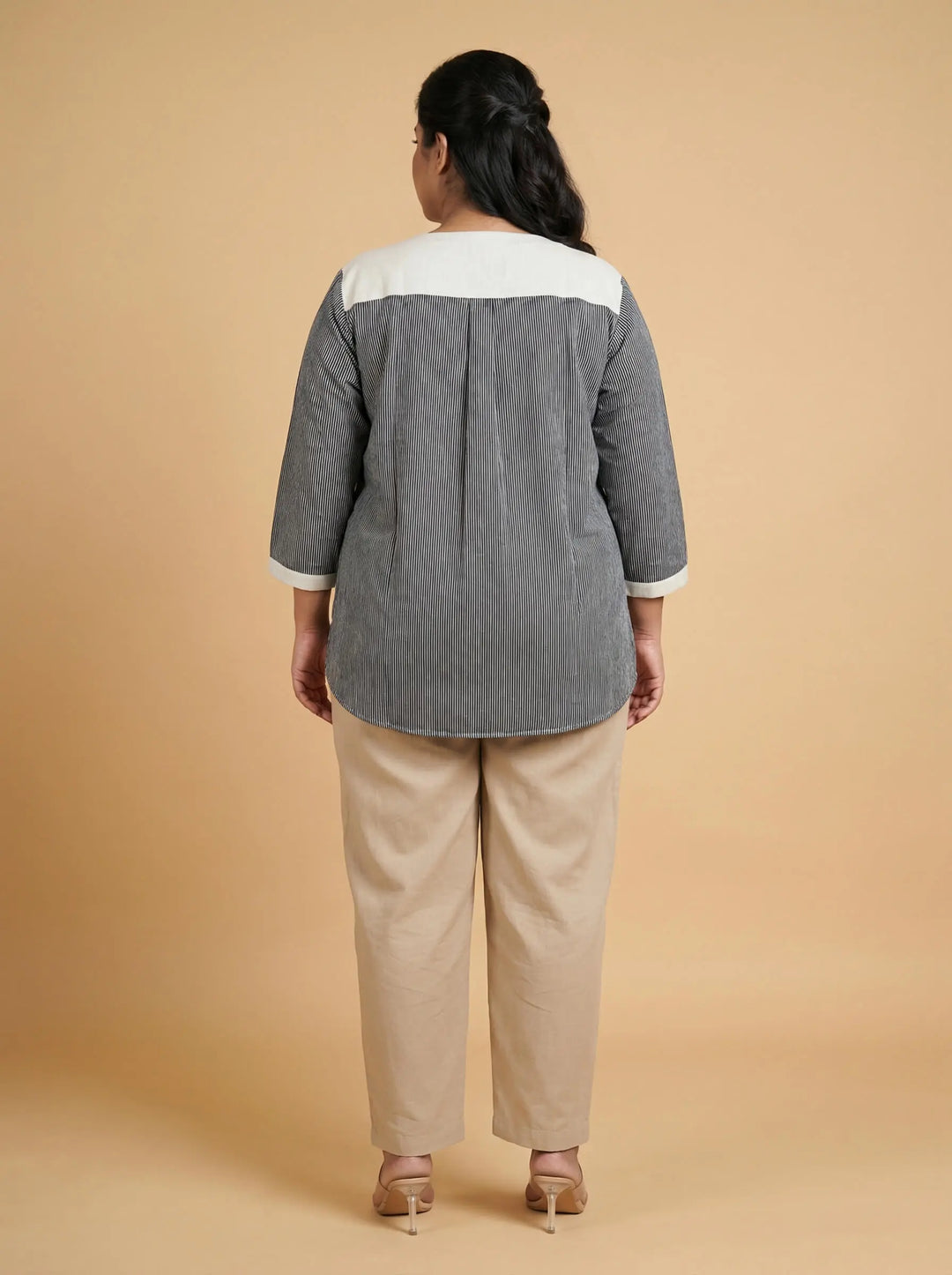 Grey Striped Cotton Casual Top For Women