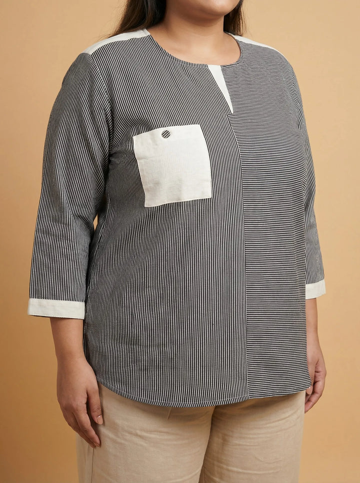Grey Striped Cotton Casual Top For Women