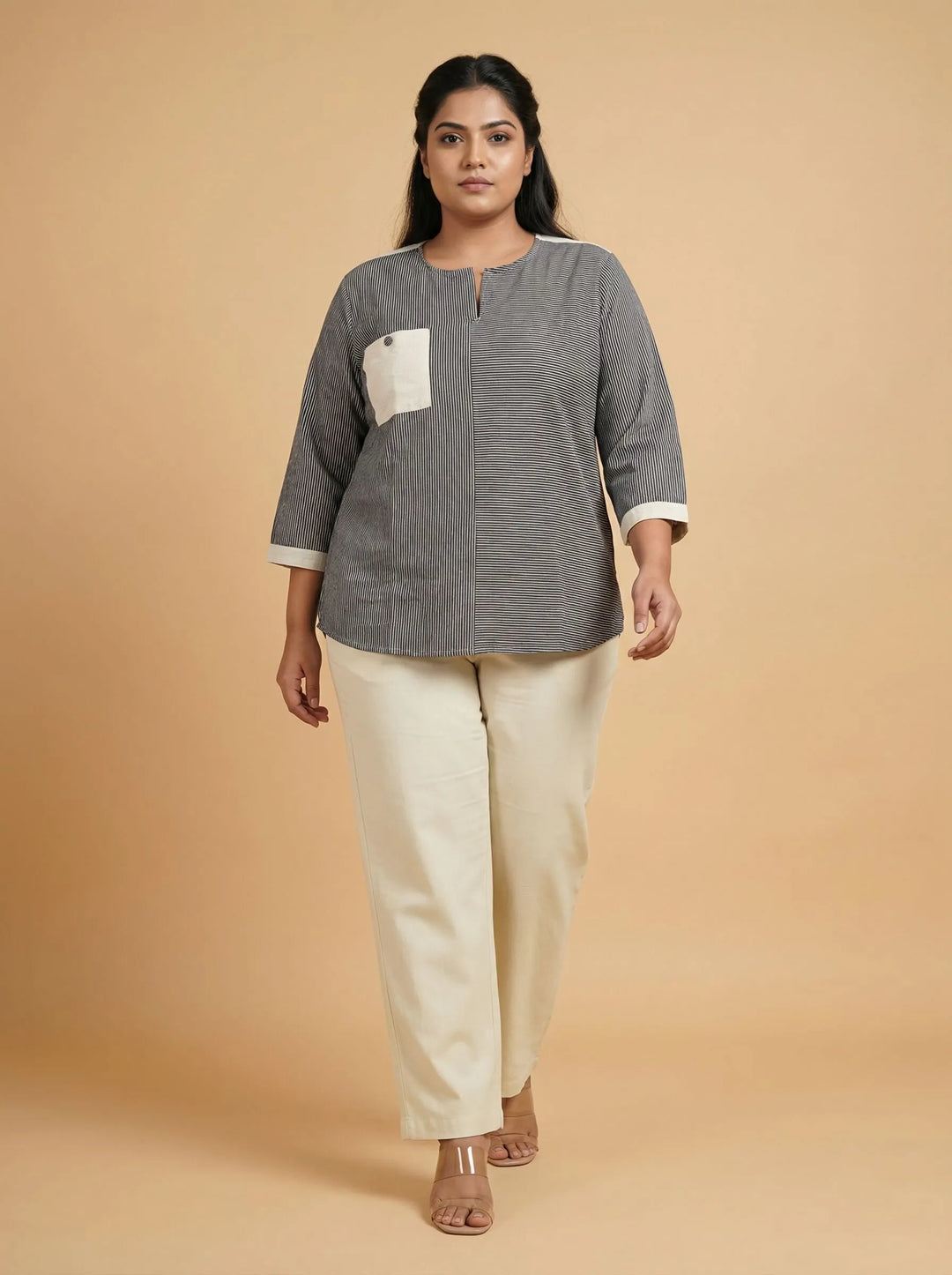 Grey Striped Cotton Casual Top For Women