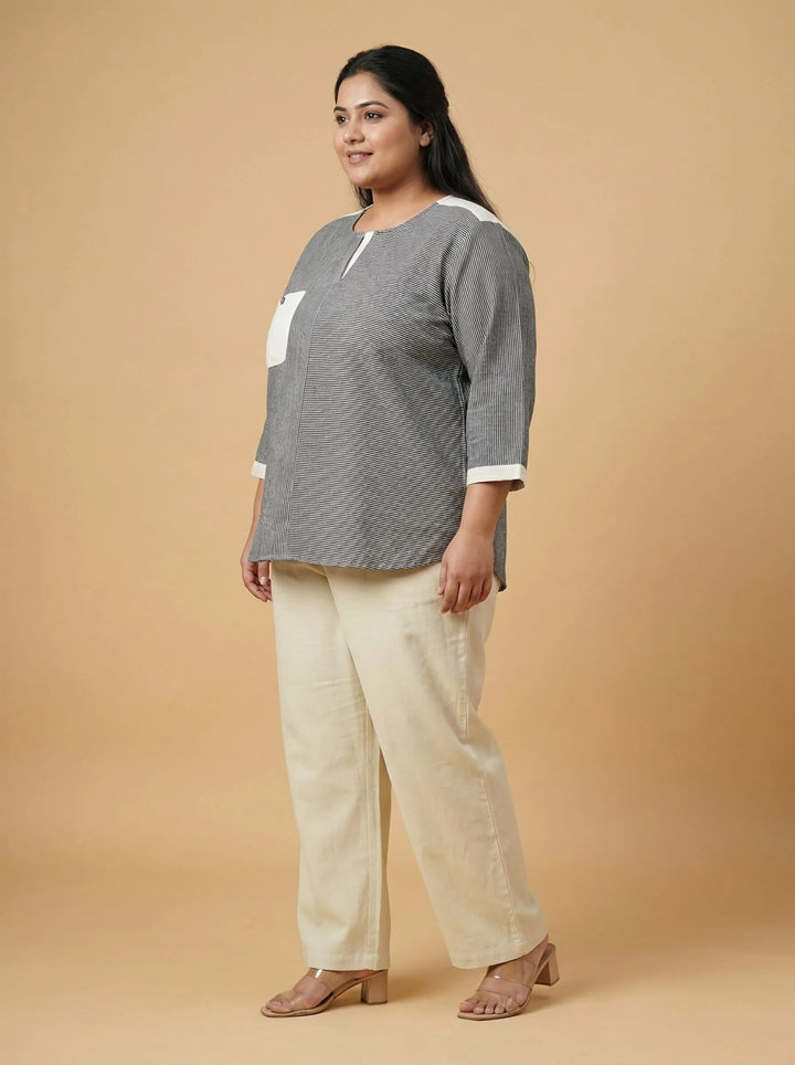 Grey Striped Cotton Casual Top For Women