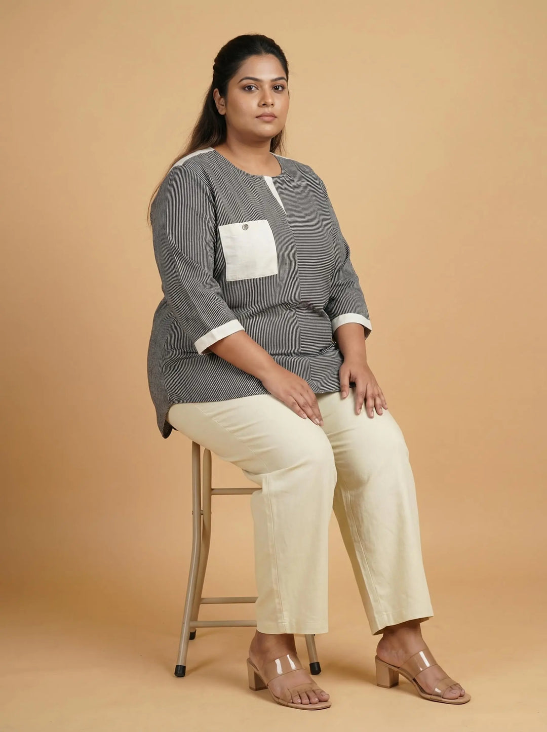 Grey Striped Cotton Casual Top For Women