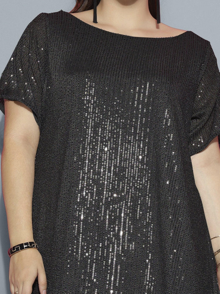 Grey Boat Neck Sequins Dress with Slit Sleeves - Curvy Lane