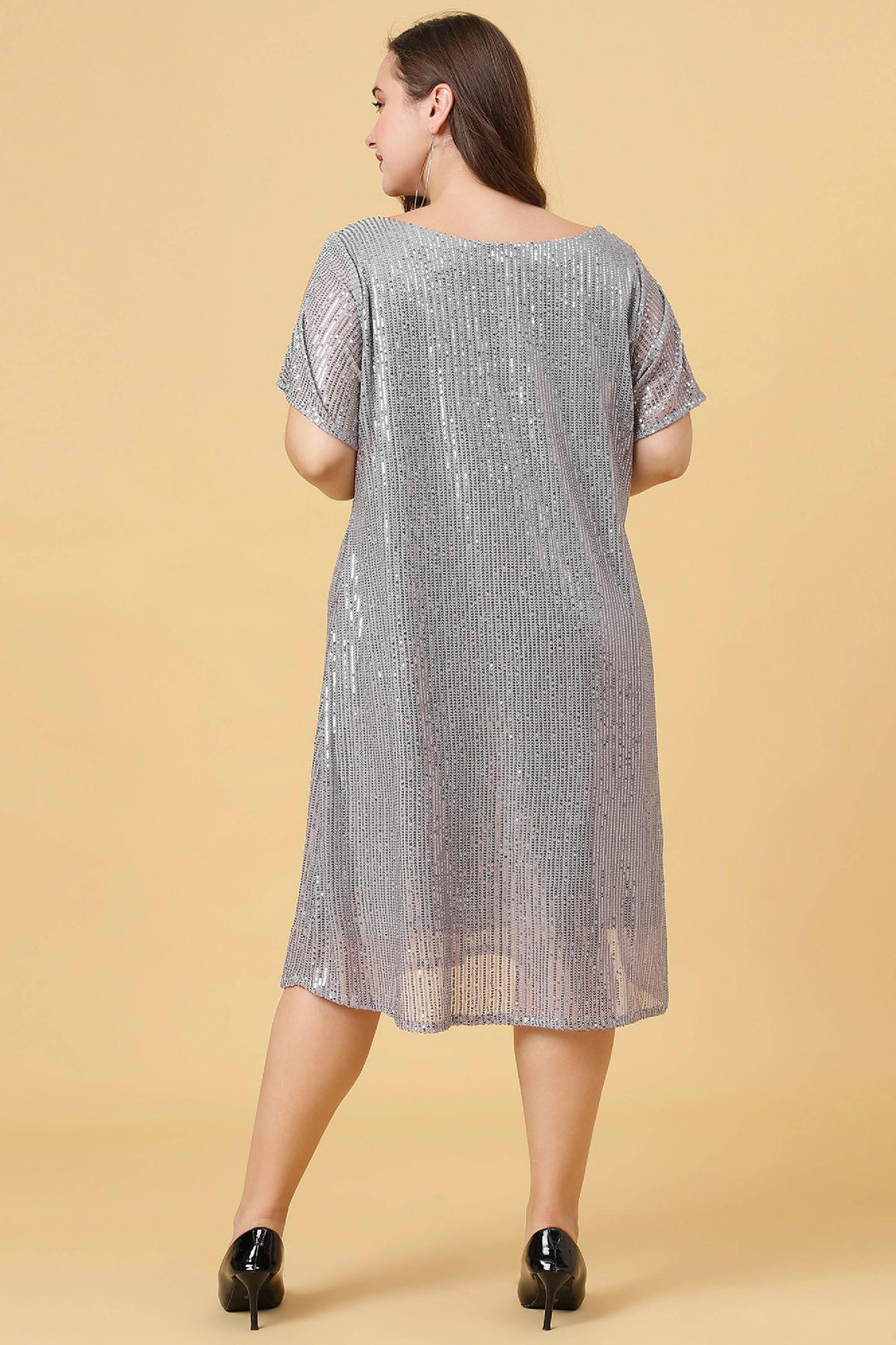 Grey Color Boat Neck Sequins Dress with Slit Sleeves - Curvy Lane