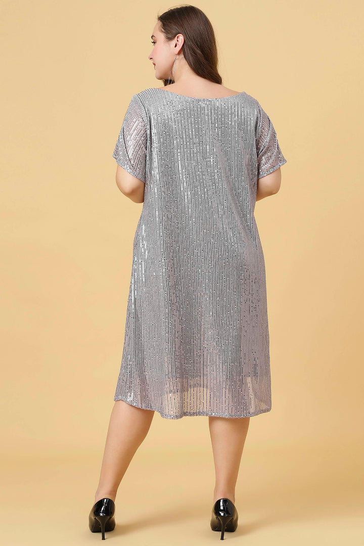 Grey Color Boat Neck Sequins Dress with Slit Sleeves - Curvy Lane