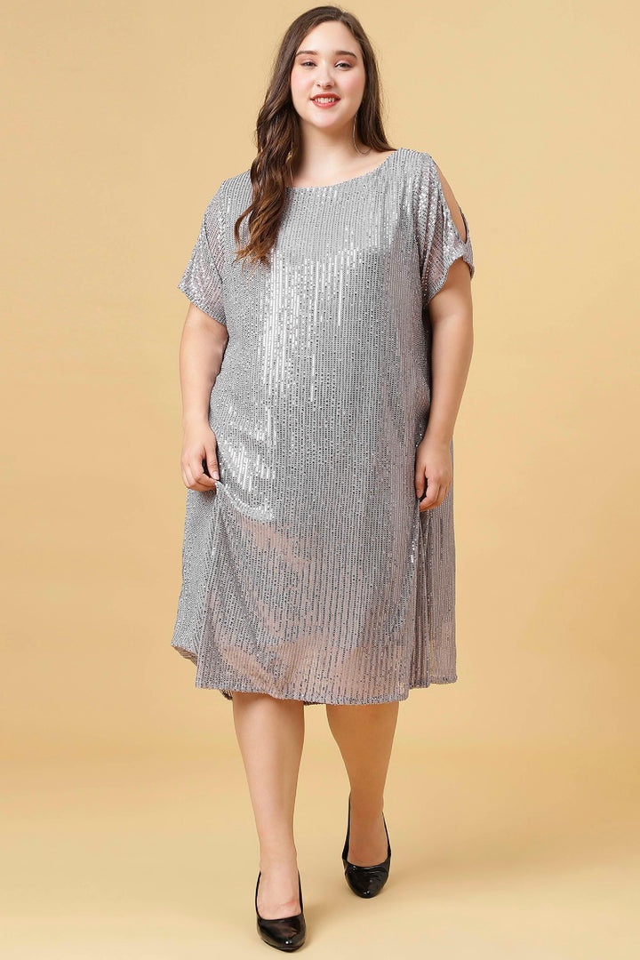 Grey Color  Party Wear Sequins Dress with Slit Sleeves - Curvy Lane