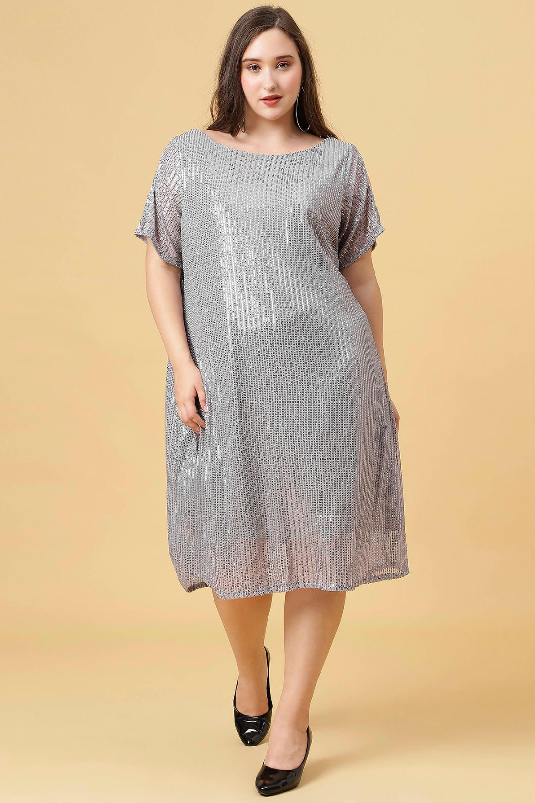Grey Curvy Lane Women Plus Size Boat Neck Sequins Dress with Slit Sleeves 