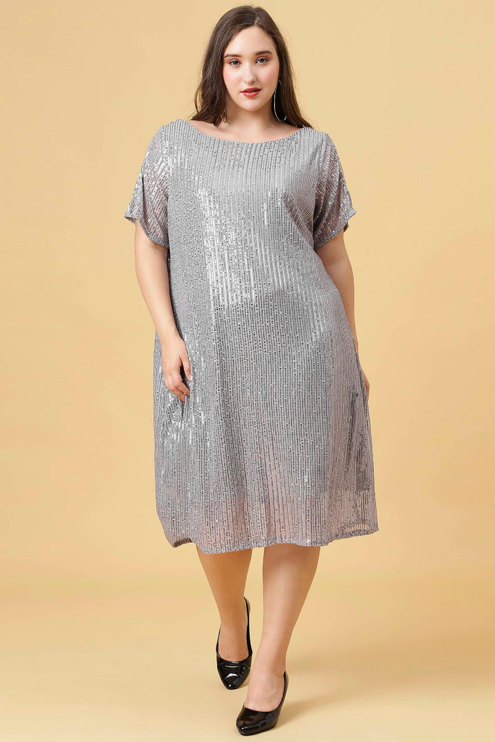 Grey Curvy Lane Women Plus Size Boat Neck Sequins Dress with Slit Sleeves 