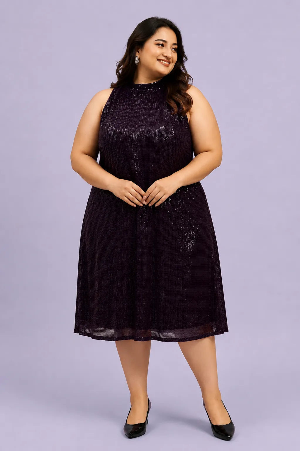 High Neck Embellished Sequined A-line Midi Dress