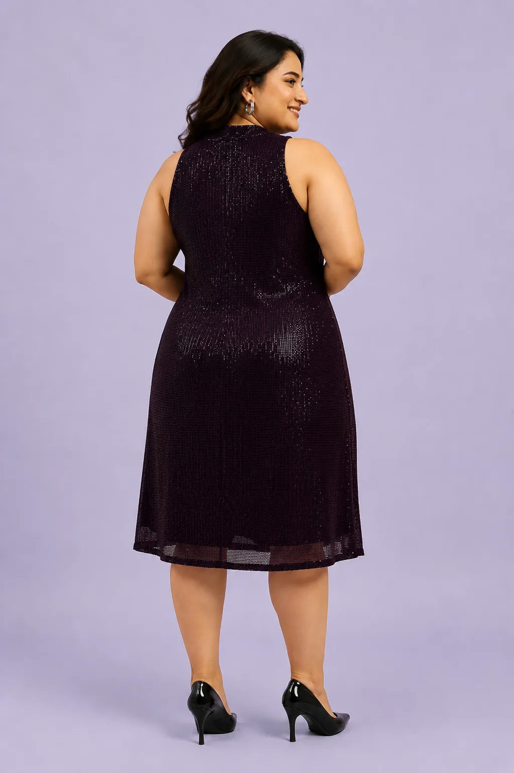High Neck Embellished Sequined A-line Midi Dress