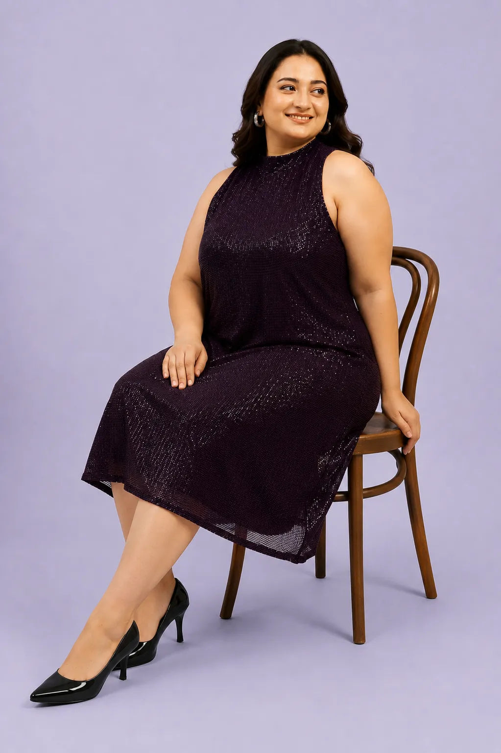 High Neck Embellished Sequined A-line Midi Dress