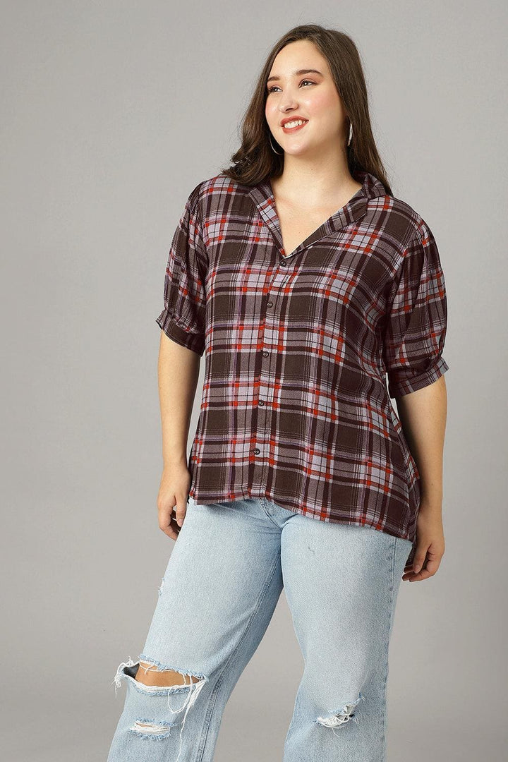 Curvy Lane Women Plus Size Notch Collar Checks Printed Short Top - Curvy Lane