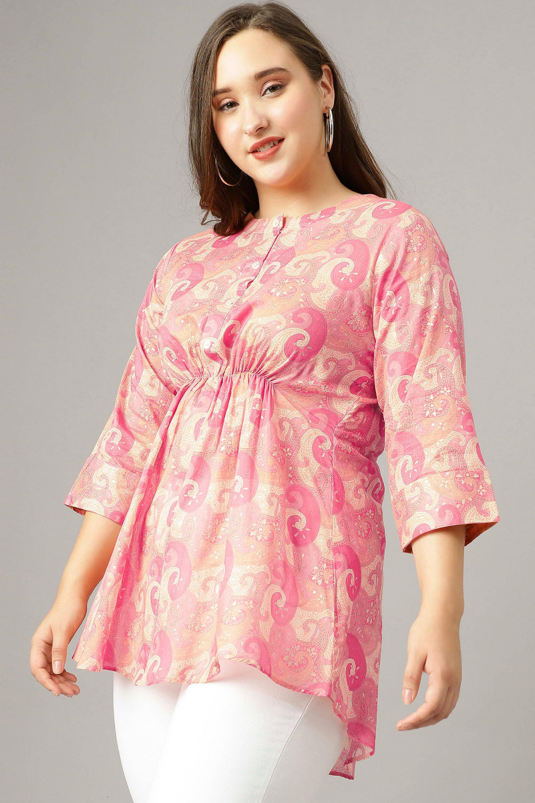 Curvy Lane Women Plus Size Paisley Foil Printed Pink Top - Curvy Lane