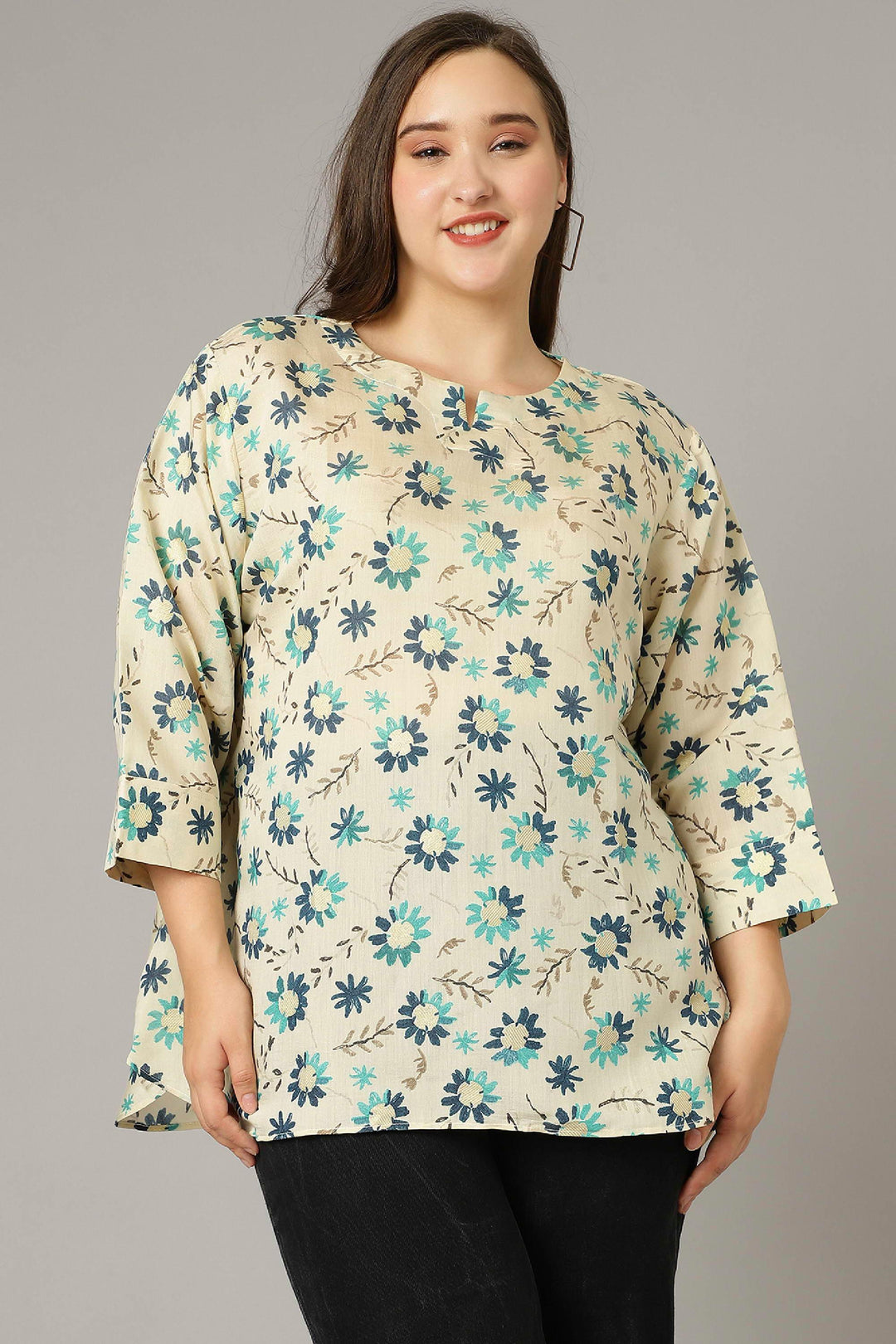 Curvy Lane Women Plus Size Foil Printed Off White Short Top - Curvy Lane