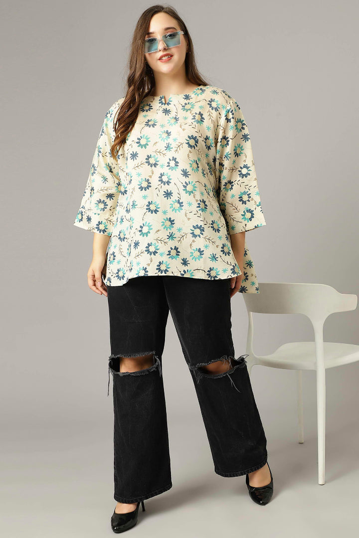 Curvy Lane Women Plus Size Foil Printed Off White Short Top - Curvy Lane