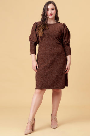 Coffee Shimmered Puff Sleeves Sheath Party Dress