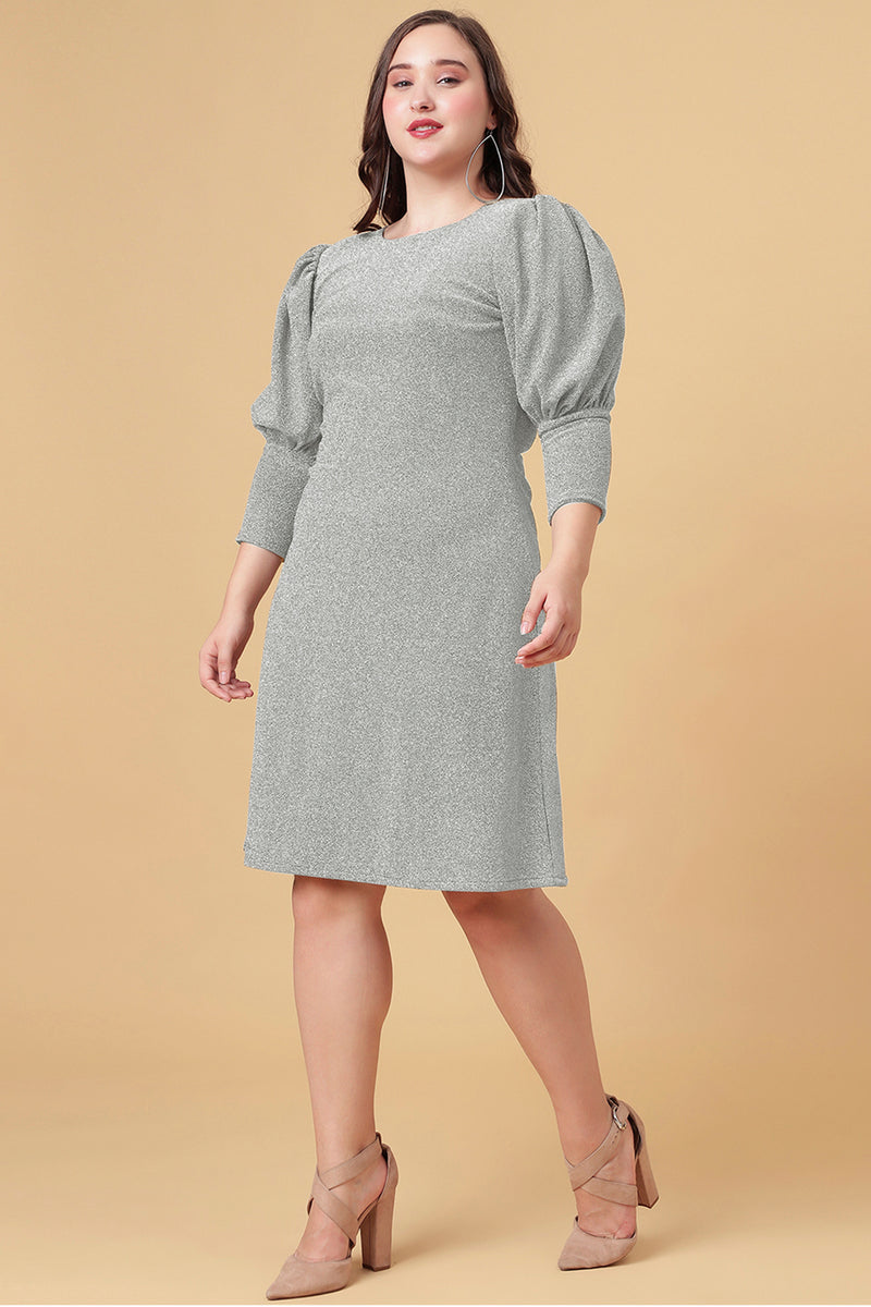 Grey Shimmered Puff Sleeves Sheath Party Dress