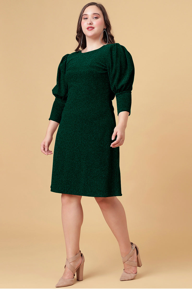 Green Shimmered Puff Sleeves Sheath Party Dress