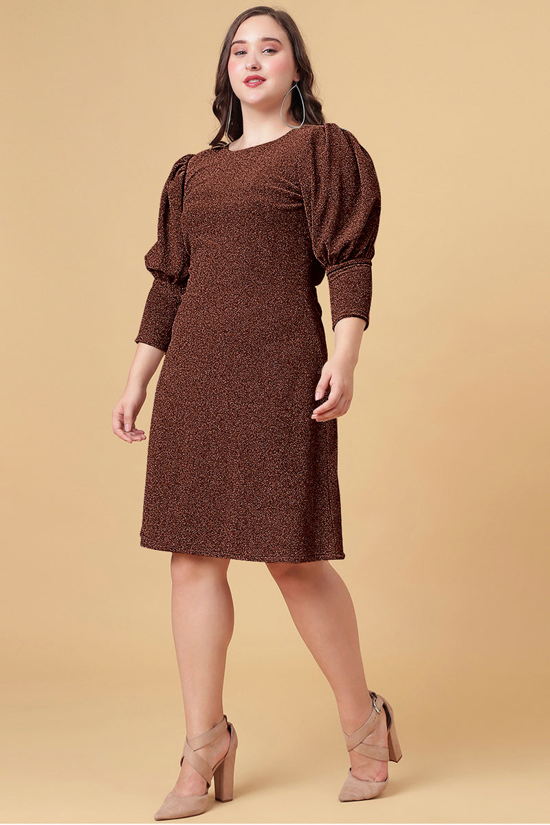 Coffee Shimmered Puff Sleeves Sheath Party Dress