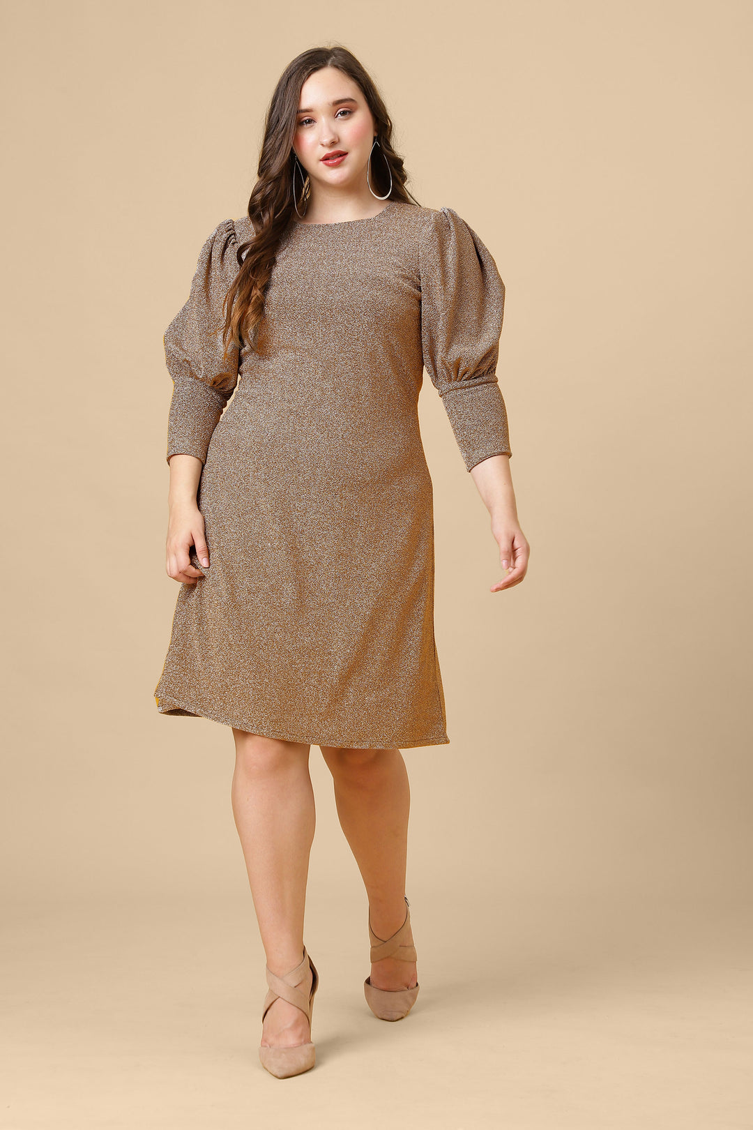 Brown Shimmered Puff Sleeves Sheath Party Dress