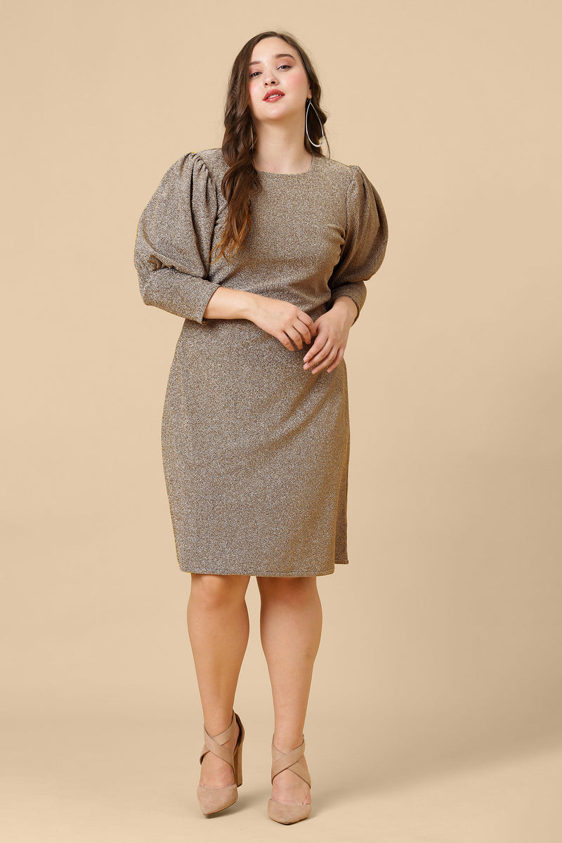 Brown Shimmered Puff Sleeves Sheath Party Dress