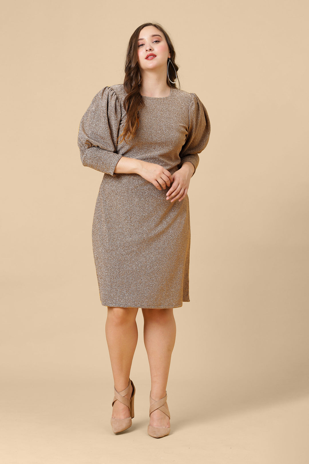 Brown Shimmered Puff Sleeves Sheath Party Dress