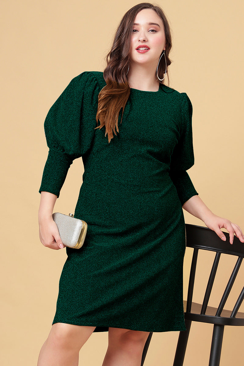 Green Shimmered Puff Sleeves Sheath Party Dress