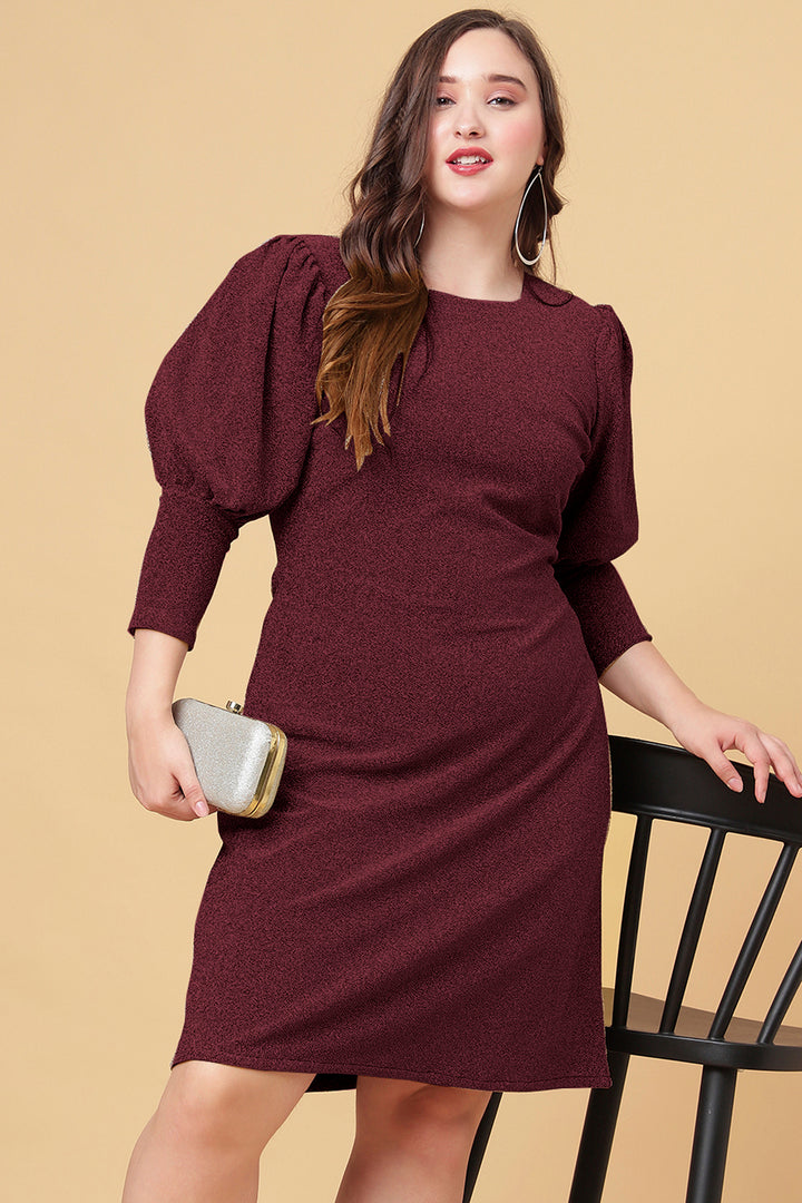 Maroon Shimmered Puff Sleeves Sheath Party Dress