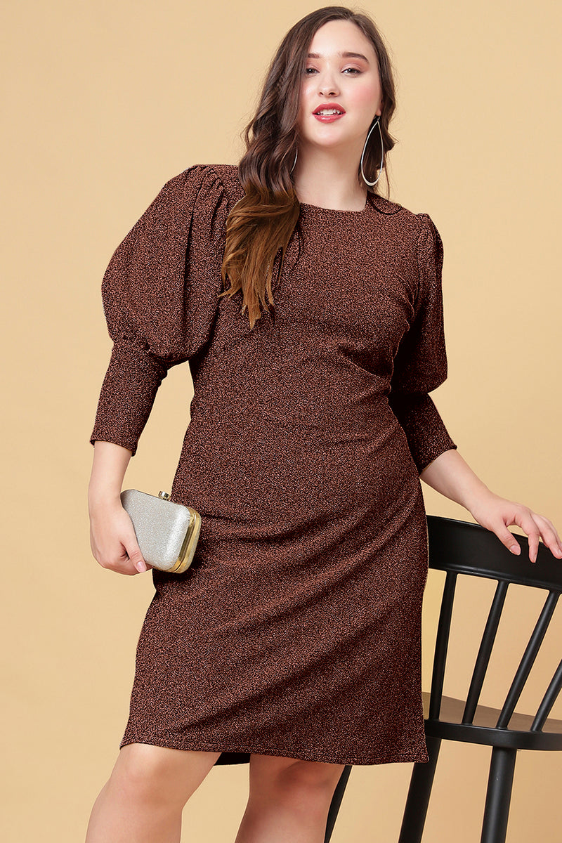 Coffee Shimmered Puff Sleeves Sheath Party Dress