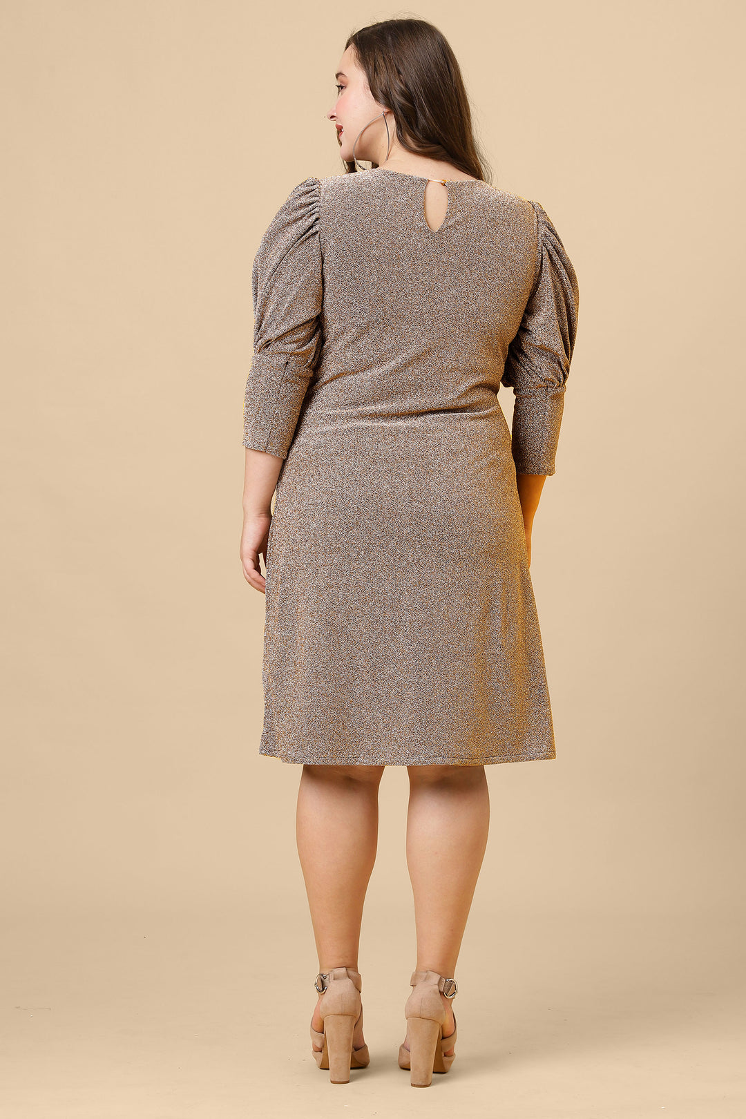 Brown Shimmered Puff Sleeves Sheath Party Dress